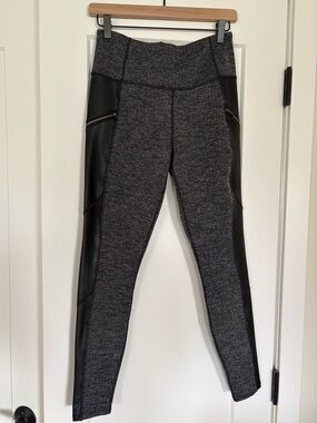Athleta Gray Ponte Leggings with Black Faux-Leather Panels